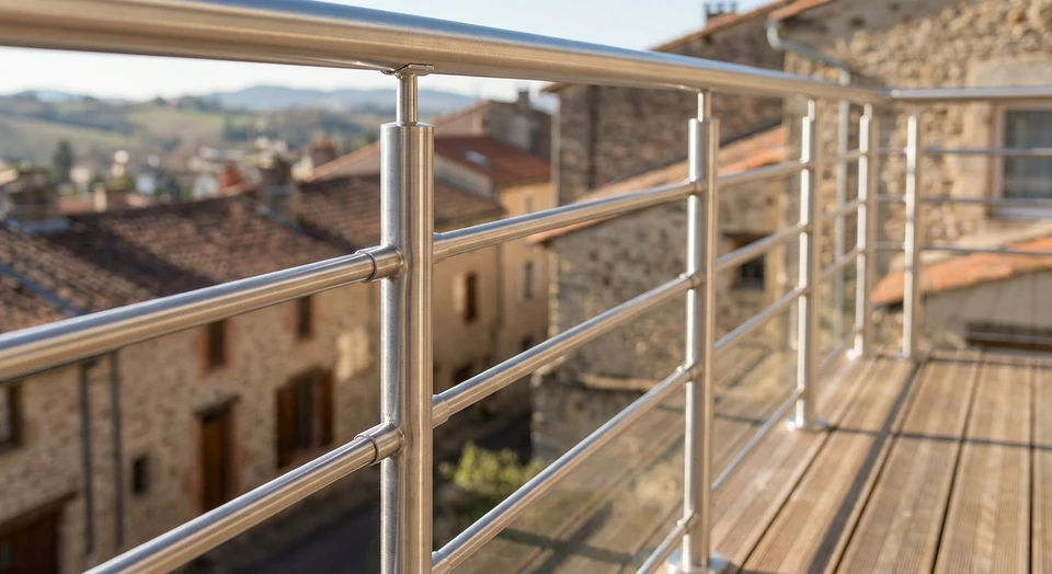 Gros plan détaillé d'un garde-corps en acier moderne et soigné installé sur une terrasse ou balcon, montrant les barres horizontales chromées ou peintes et les montants en acier bien finis, avec mise en avant de la qualité de la fabrication et de la finition, en lumière naturelle avec arrière-plan flou d'un espace extérieur valorisé.