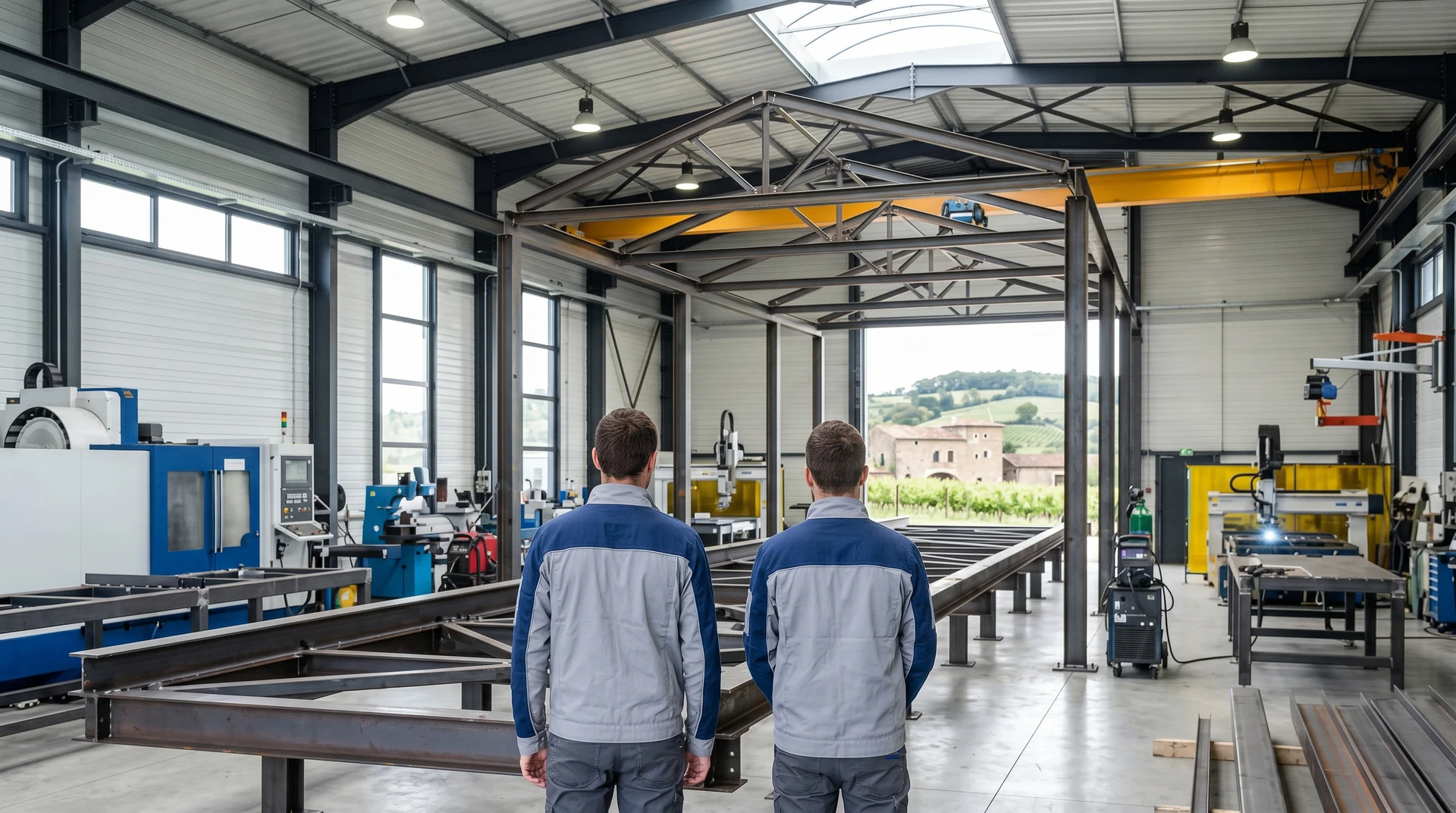 Portrait professionnel des deux frères dirigeants de M.I.C. dans leur atelier de charpente métallique, debout côte à côte devant une structure métallique en cours de fabrication ou une réalisation de l'entreprise. L'image doit transmettre un sentiment de continuité, de confiance et de professionnalisme, avec la modernité de l'atelier visible en arrière-plan et l'énergie positive des deux hommes affichant leur détermination à poursuivre l'héritage familial.